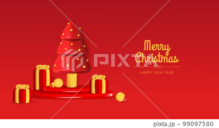Christmas and New Year festive red background with round podium with realistic 3d balls, christmas trees, gift box, paper bag. Xmas winter composition. Banner and web poster, cover, brochure 99097580