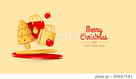 Christmas and New Year festive red background with round podium with realistic 3d balls, christmas trees, gift box, paper bag. Xmas winter composition. Banner and web poster, cover, brochure 99097581