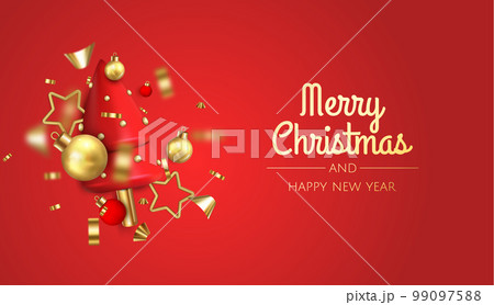 Happy New Year and Merry Christmas. Christmas holiday background with realistic 3d object, gold christmas balls, conical christmasl tree. Levitation falling design composition 99097588