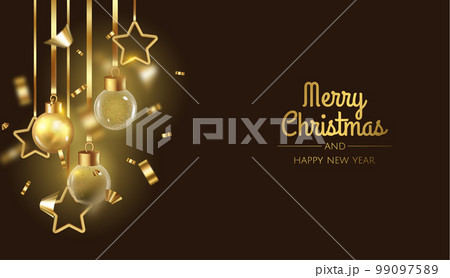 Happy New Year and Merry Christmas. Background with realistic holiday ball. White and gold christmas balls,shiny confetti and gold snowflake Happy New Year and Merry Christmas. Background with realistic holiday ball. White and gold christmas balls,shiny confetti and gold snowflake 99097589