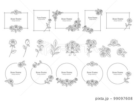 薔薇の花の装飾フレーム, デザイン要素としてのイラスト素材, 薔薇の花の挿絵, 白背景に黒色の線画. 薔薇の花の装飾フレーム, デザイン要素としてのイラスト素材, 薔薇の花の挿絵, 白背景に黒色の線画. 99097608
