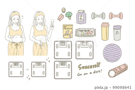 ビューティー　ダイエットする女性と体重計とプロテインのイラストレーションセット 99098641