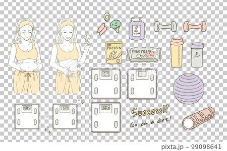 ビューティー　ダイエットする女性と体重計とプロテインのイラストレーションセット 99098641