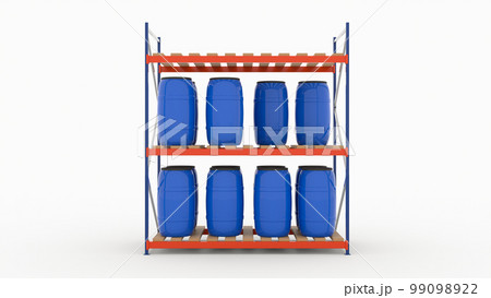 blue plastic water barrels on warehouse shelving storage on white background 3d render 99098922