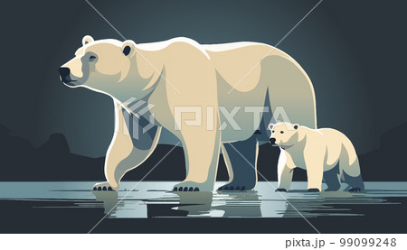 The white bear and her cub bear walks through the snow. Mother and child. The glacier, snow-covered plains. Starry night in the North. Landscapes of the Arctic. Vector illustration The white bear and her cub bear walks through the snow. Mother and child. The glacier, snow-covered plains. Starry night in the North. Landscapes of the Arctic. Vector illustration 99099248