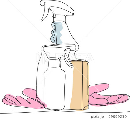 Continuous one line drawing of bottles for liquid laundry detergent, bleach, fabric softener, dishwashing liquid or another cleaning agent. Easy to place your text and brand logo. Vector illustration 99099250