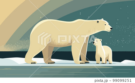The white bear and her cub bear walks through the snow. Mother and child. The glacier, snow-covered plains. Starry night in the North. Landscapes of the Arctic. Vector illustration 99099251