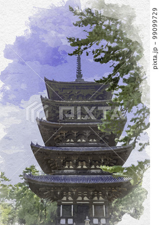 水彩画風　興福寺　五重塔　奈良県奈良市 99099729