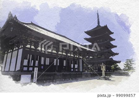 水彩画風　興福寺　東金堂と五重塔　奈良県奈良市 99099857
