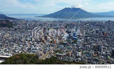 鹿児島市街地の鹿児島中央駅と桜島の空撮 99099911