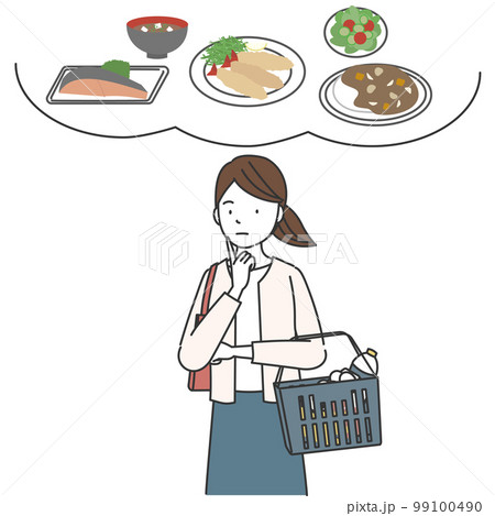 買い物かごを手に持ち、食事のメニューを考える女性 99100490