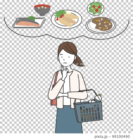 買い物かごを手に持ち、食事のメニューを考える女性 99100490