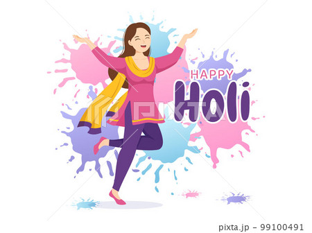 Happy Holi Festival Illustration with Colorful Pot and Powder In Hindi for Web Banner or Landing Page in Flat Cartoon Hand Drawn Templates 99100491