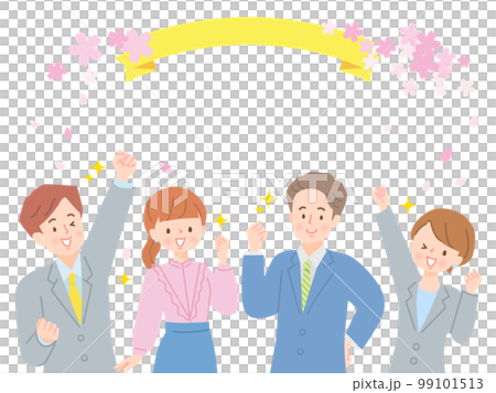 笑顔でガッツポーズをする複数のビジネスマンと桜の背景 99101513