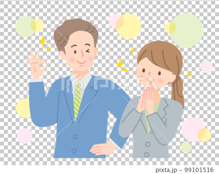 笑顔で見つめるスーツ姿の男女 笑顔で見つめるスーツ姿の男女 99101516