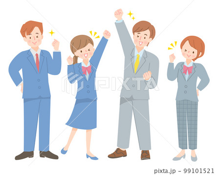ガッツポーズするスーツ姿の男女の新社会人 99101521