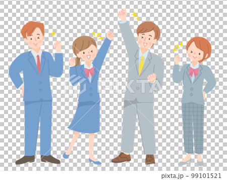 ガッツポーズするスーツ姿の男女の新社会人 99101521