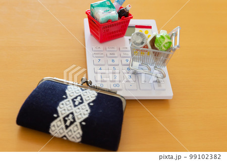 食品、日用品、財布と電卓 家計 お金イメージ 99102382