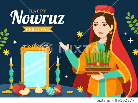 Happy Nowruz Day or Iranian New Year Illustration with Grass Semeni and Fish for Web Banner or Landing Page in Flat Cartoon Hand Drawn Templates Happy Nowruz Day or Iranian New Year Illustration with Grass Semeni and Fish for Web Banner or Landing Page in Flat Cartoon Hand Drawn Templates 99102577