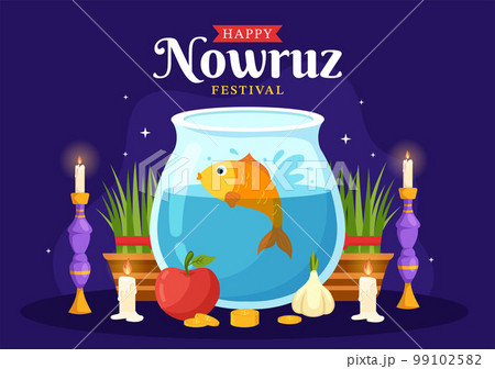 Happy Nowruz Day or Iranian New Year Illustration with Grass Semeni and Fish for Web Banner or Landing Page in Flat Cartoon Hand Drawn Templates Happy Nowruz Day or Iranian New Year Illustration with Grass Semeni and Fish for Web Banner or Landing Page in Flat Cartoon Hand Drawn Templates 99102582