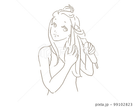 ヘアアイロンで髪を乾かす女性 線のみのイラスト素材 [99102823] - PIXTA, 画像サイズ:450x357