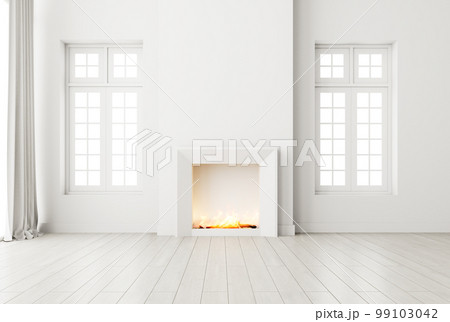 Minimal style empty white room Furnished with a modern fireplace with flames 3d render 99103042