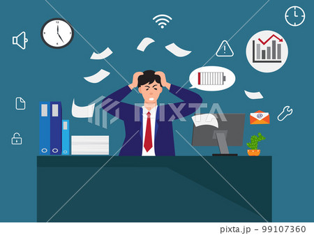 man working in the office Severe headache patient Upset businessman sitting at the table put your hands behind your head. vector illustration 99107360