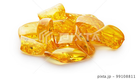 Transparent polished pieces of yellow amber on a white background. Sun stone. Natural mineral material for jewelry. Amber texture. Copal. Ancient fossil resin Transparent polished pieces of yellow amber on a white background. Sun stone. Natural mineral material for jewelry. Amber texture. Copal. Ancient fossil resin 99108811