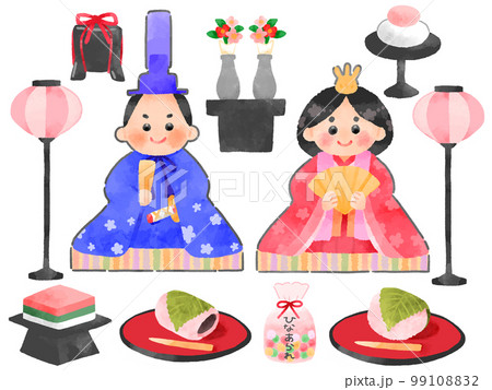 ひなまつりの素材のイラスト 手描き 水彩風のイラスト素材 [99108832