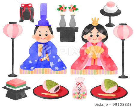ひなまつりの素材のイラスト 手描き 水彩風 ひなまつりの素材のイラスト 手描き 水彩風 99108833
