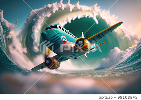 低空飛行するおもちゃの飛行機と荒波 低空飛行するおもちゃの飛行機と荒波 99108845