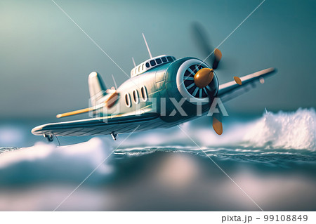 低空飛行するおもちゃの飛行機と荒波 99108849