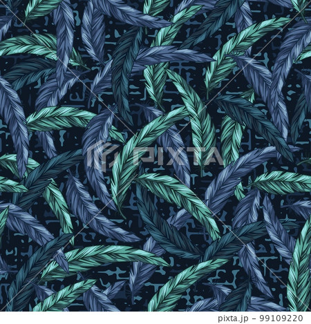 Seamless blue camouflage pattern with intertwined feathers. Textured with small abstract shapes background. Dense composition with overlapping elements. Good for t-shirt design, textile, sport goods. 99109220