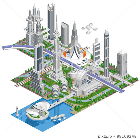 ブロックのように組み合わせれば大きな未来都市になる街並みイラスト「未来都市A」 バリエーションあり 99109248