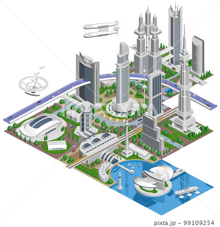 ブロックのように組み合わせれば大きな未来都市になる街並みイラスト「未来都市A」 バリエーションあり 99109254