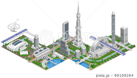 ブロックのように組み合わせれば大きな未来都市になる街並みイラスト「未来都市A」 バリエーションあり 99109264