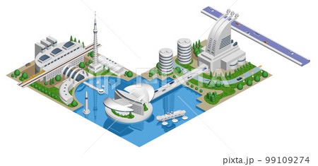 ブロックのように組み合わせれば大きな未来都市になる街並みイラスト「未来都市A」 バリエーションあり 99109274