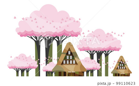 古民家のある美しい日本の山里の風景。桜咲く春の風景と合掌造り。 99110623