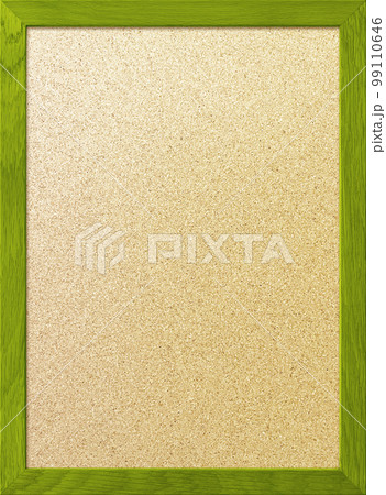 木製フレームの濃い黄緑色の枠のある薄茶色のきめ細かいコルクボードの縦長の背景画像 99110646