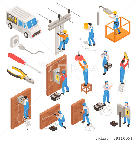 Electrician Isometric Icons Set 99110951