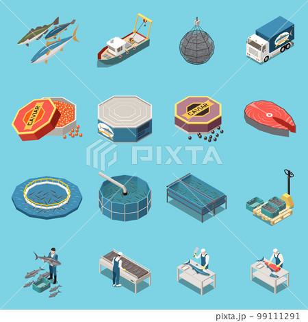 Industrial Fishing Seafood Isometric Set Industrial Fishing Seafood Isometric Set 99111291