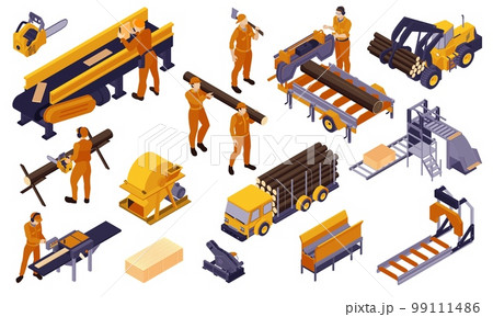 Isolated Isometric Sawmill Lumberjack Icon Set 99111486