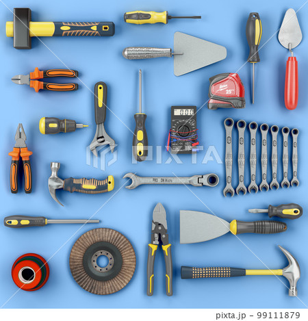 colored tools set background concept of repair tools warehouse promotion 3d render on blue background 99111879