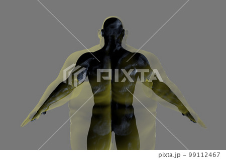 3D render. Athletic man inside an obese body on a gray background. 99112467