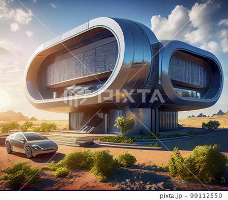 Conceptual futuristic house of the future, ai illustration. Comportable and simple design Conceptual futuristic house of the future, ai illustration. Comportable and simple design 99112550