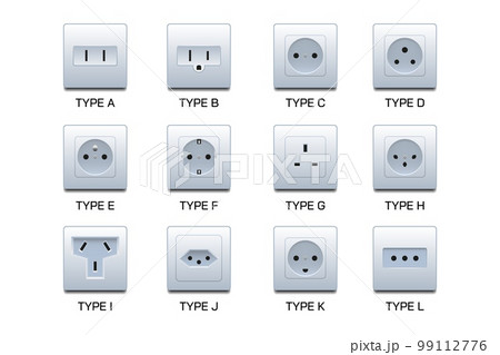 Sockets types. UK electric plugs. Plastic switch and wire on wall for American and British country. Electricity power. Energy supply. Electrical connectors set. Vector 3D illustration 99112776
