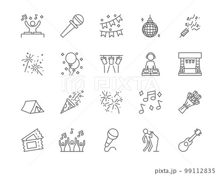 Music event. Concert icons. Festival entertainment. Singer on party. Tent and microphone. Musician performance. DJ disco. Confetti cracker. Fireworks symbols. Vector line pictograms set 99112835