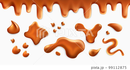 Melt caramel butter, toffee sauce. 3d cream drop and splash, liquid sugar syrup, flow candy drip and stain, delicious puddle. Melting sweet border, confectionery elements vector realistic set 99112875