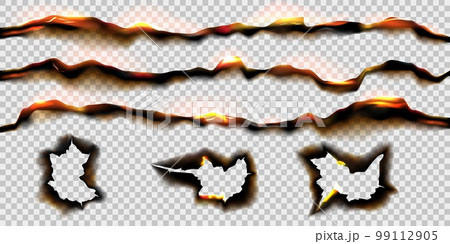 Back paper ashes. Burned pages. Retro broken sheets. Scorched scroll edges. Fire destroyed effects set. Ripped parchment texture. Rough borders. Flaming holes. Vector realistic background 99112905