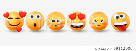 3d emoticon, expression emoji, yellow round funny smiles. Romantic and surprise balls with eyes and mouth, joy heart render, happy smiling faces, good mood. Vector illustration isolated objects 99112906